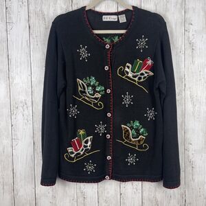 BP Design Ugly Christmas Sweater Cardigan Beaded Sz S Black Sequin Sleds Holiday